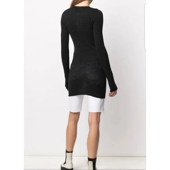 GANNI Black Ribbed Merino Wool Lace Up V Neck Tunic Top Dress Women's Size M - Picture 13 of 13